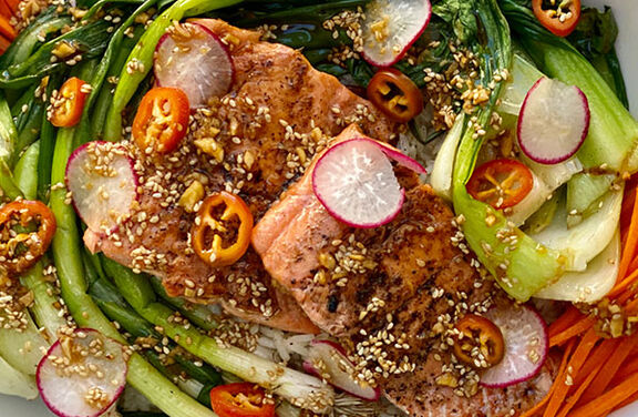 Chile and Lemongrass Seared Salmon Bowl with Crispy Sticky Rice