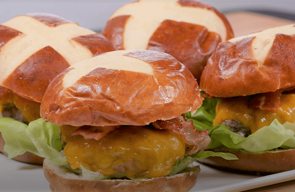 Bacon Cheeseburgers with Pretzel Buns