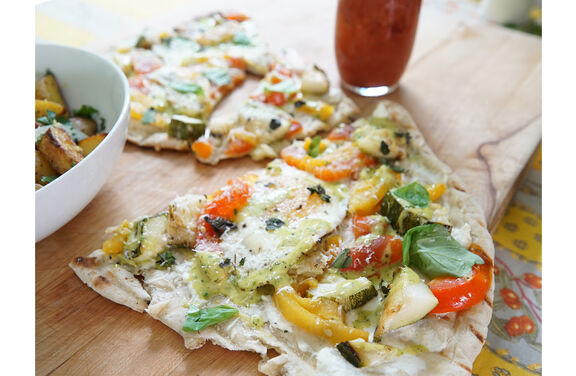 Brunch Pizza with Fried Egg, Smoke-Roasted Vegetables &amp; Green Goddess Hollandaise