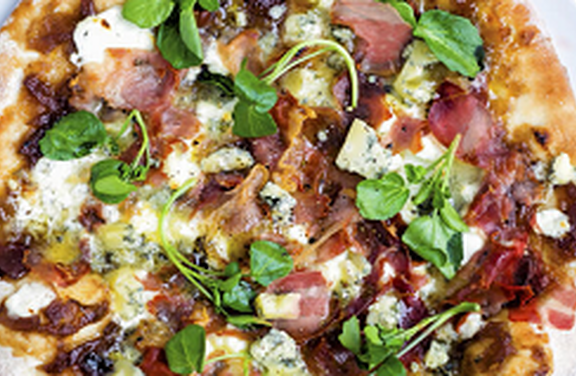 Apple, Bacon, Red Onion,  and Blue Cheese Pizza